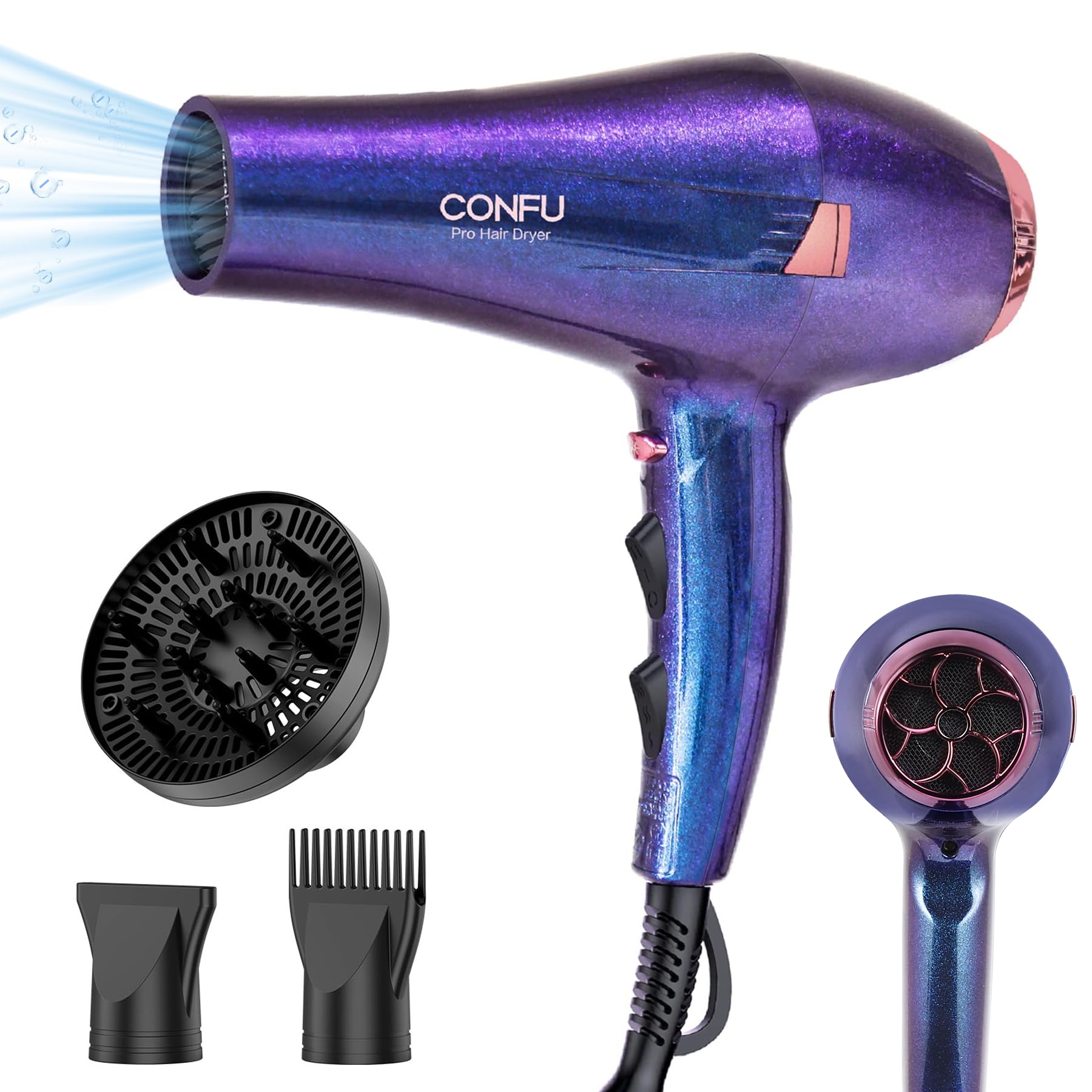 CONFU Hair Dryer Pro front view with ergonomic design for comfortable styling.