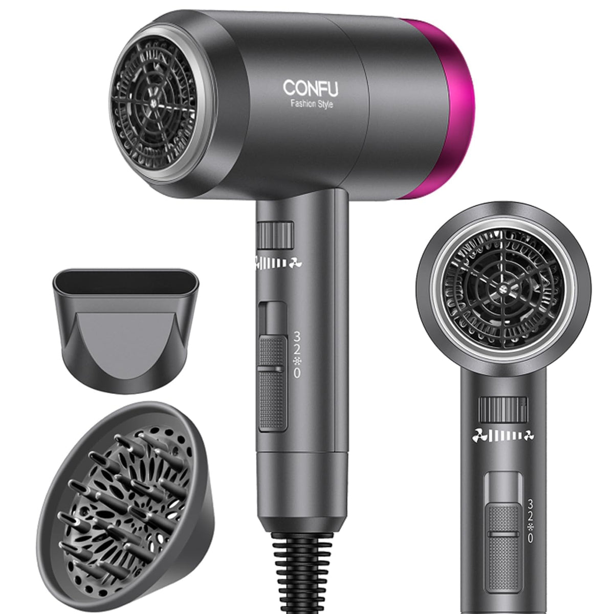 CONFU Ionic Blow Dryer 1600W motor powers fast drying on-the-go