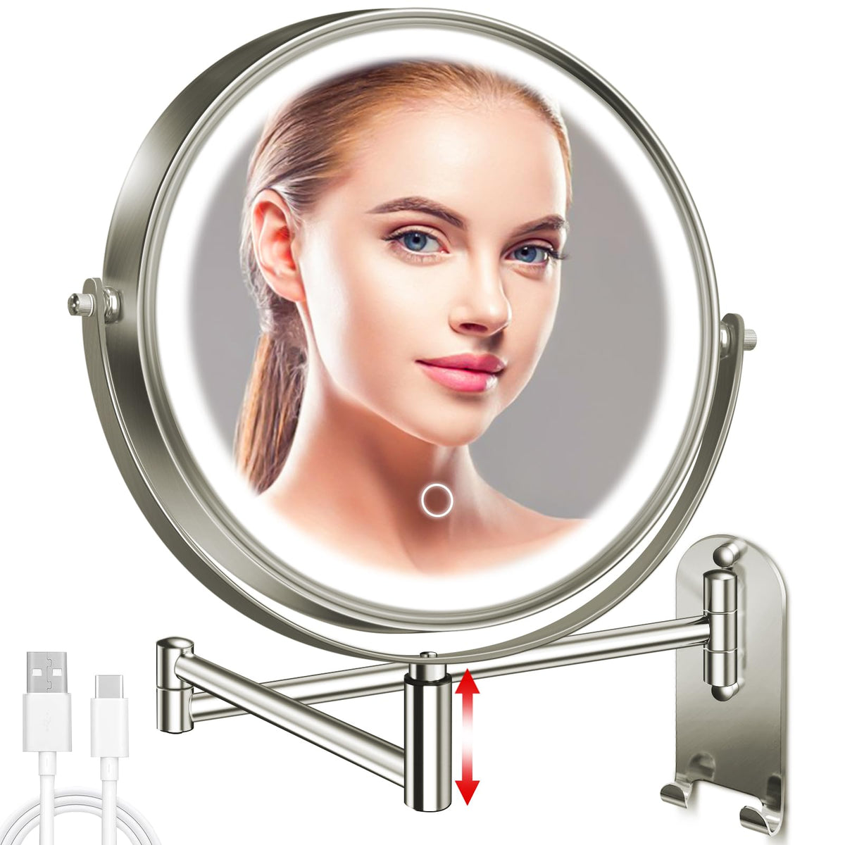 CONLWIN 8-inch wall-mount makeup mirror angled view for full-face makeup