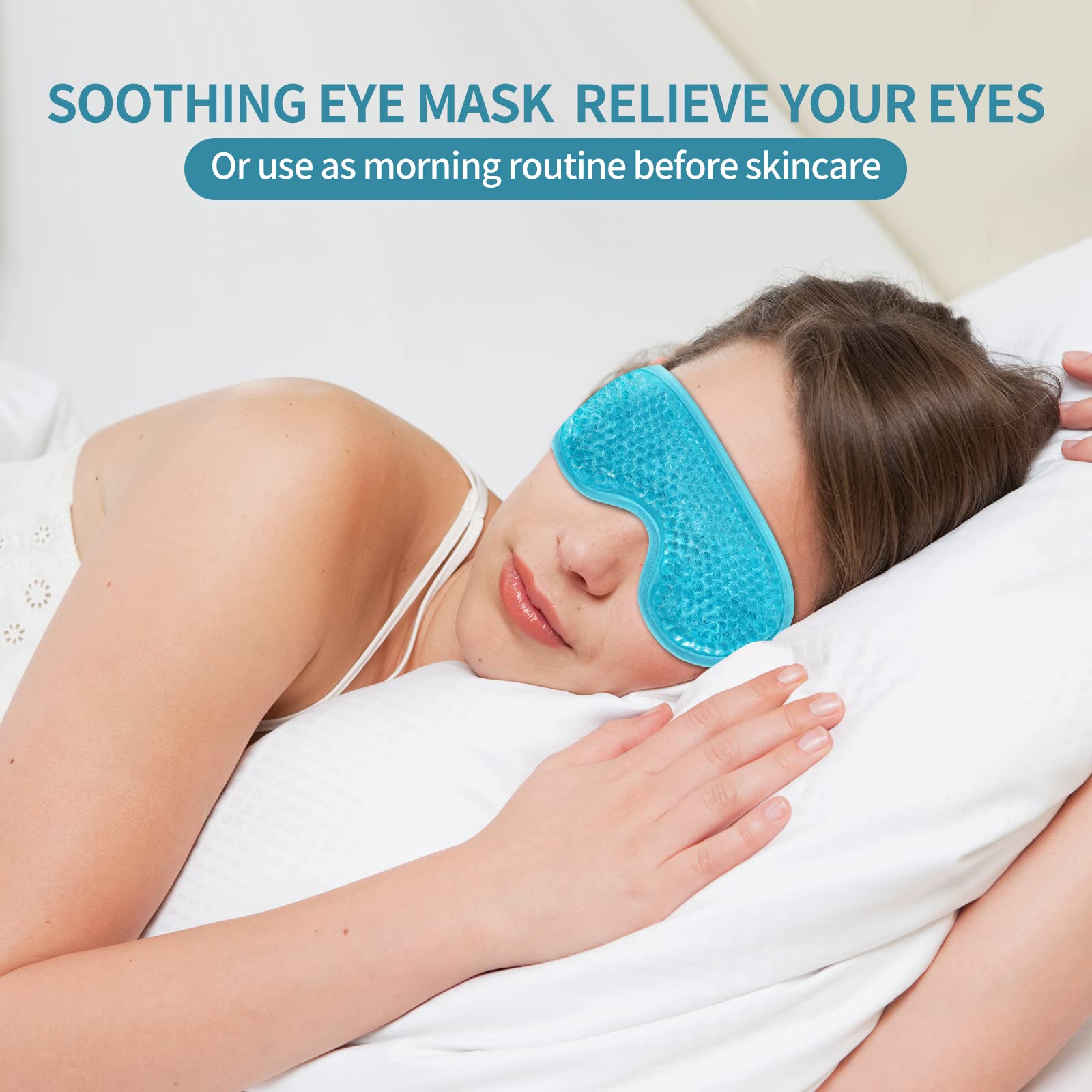 CONSGIJI blue gel eye mask worn during headache relief routine