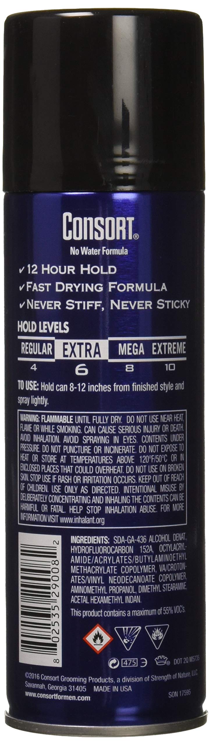 Consort for Men hair spray unscented 12-hour hold bottle demonstrates fast-dry finish.