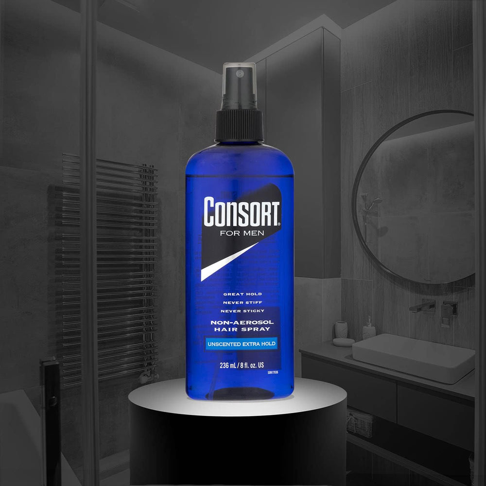Consort hair spray 12-hour hold emphasizes longevity through busy days without stiffness.