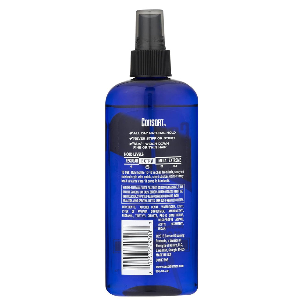Consort hair spray extra-hold formula helps sculpt styling without crumpling or weighing down hair.
