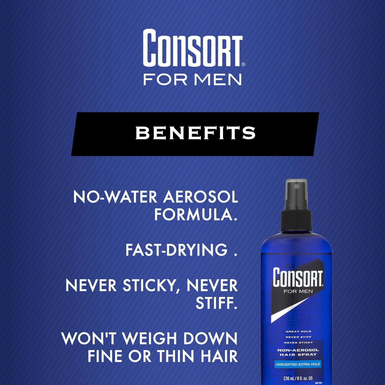 Consort hair spray unscented label emphasizes fragrance-free styling for sensitive noses and all-day wear.