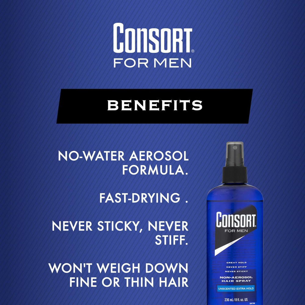 Consort hair spray unscented label emphasizes fragrance-free styling for sensitive noses and all-day wear.