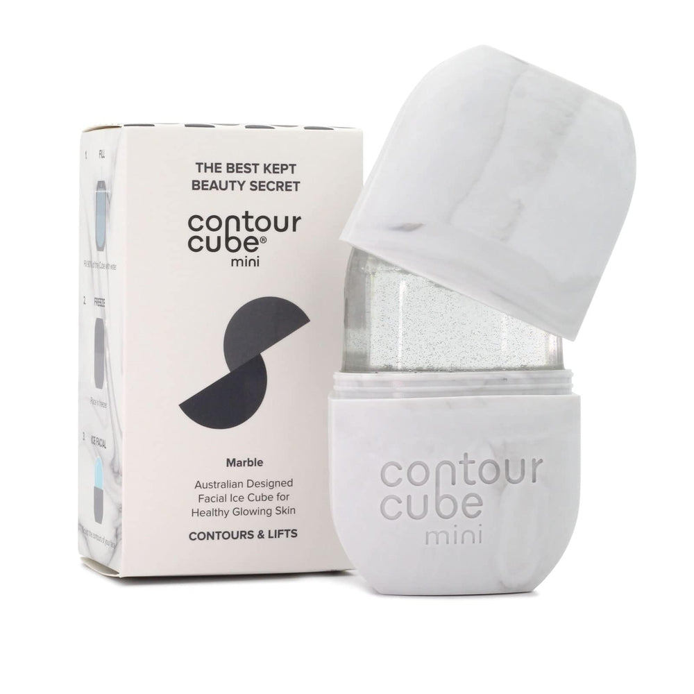 Contour Cube Mini ice roller close-up demonstrates contouring and de-puffing benefits.