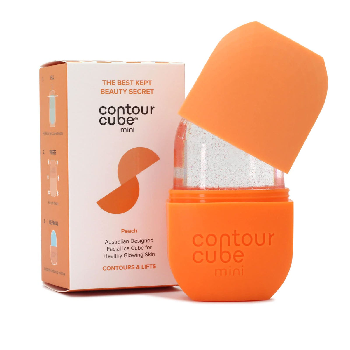 Contour Cube Mini peach-ice-roller contours for lifted glow and refreshed look.