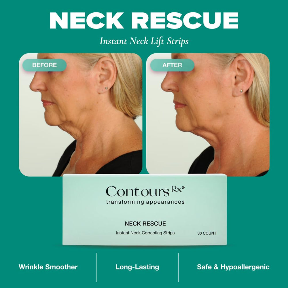 Contours Rx Neck Rescue application under chin demonstrates quick, skin-friendly placement for a smoother neckline.