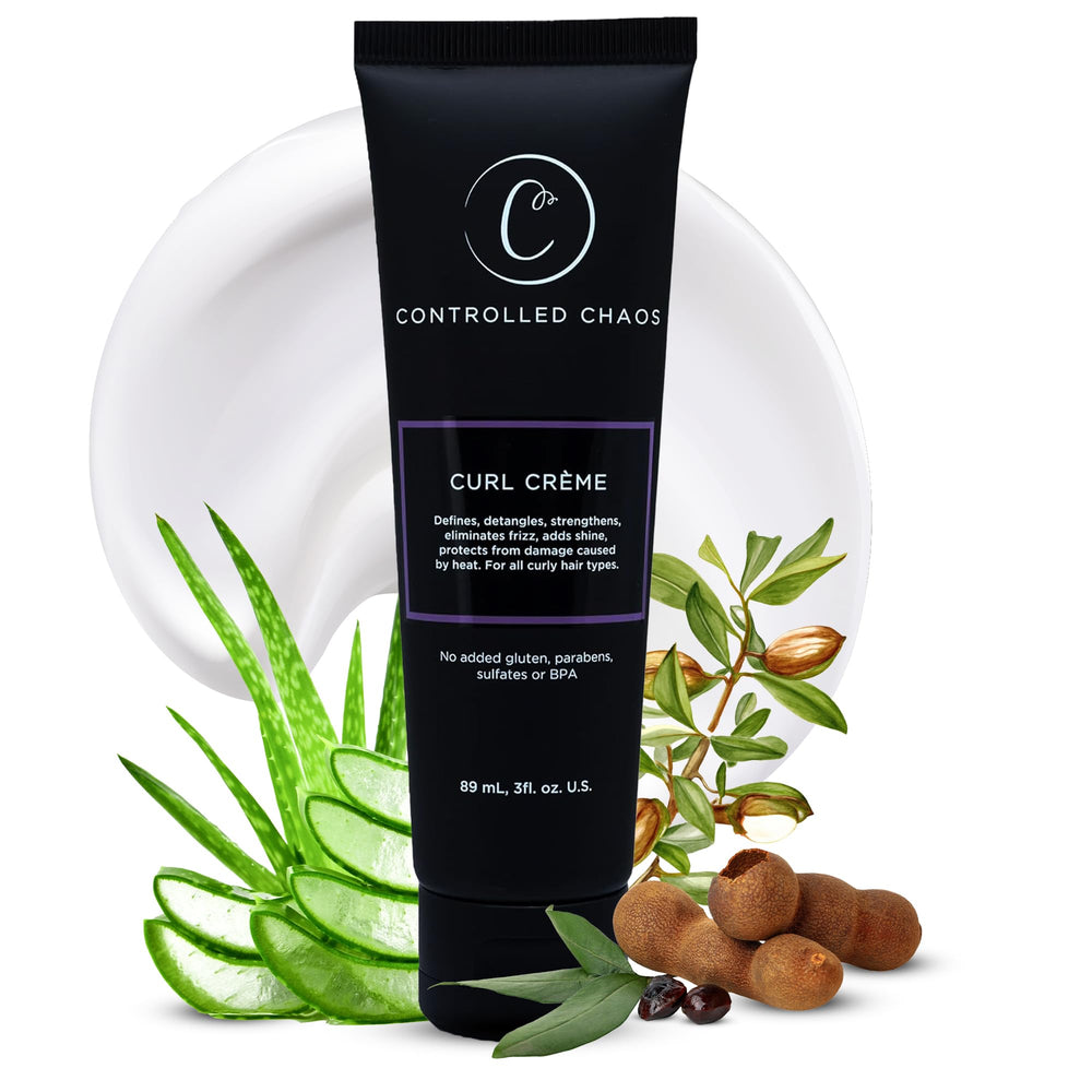 Controlled Chaos curl-defining cream bottle for smooth, frizz-free curls.