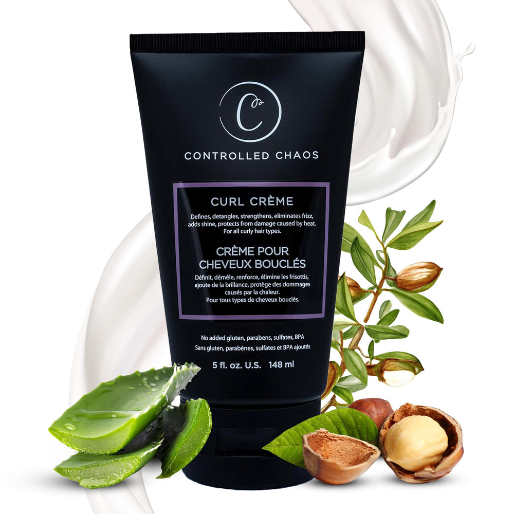 Controlled Chaos Curl Cream bottle shows frizz control for defined curls.