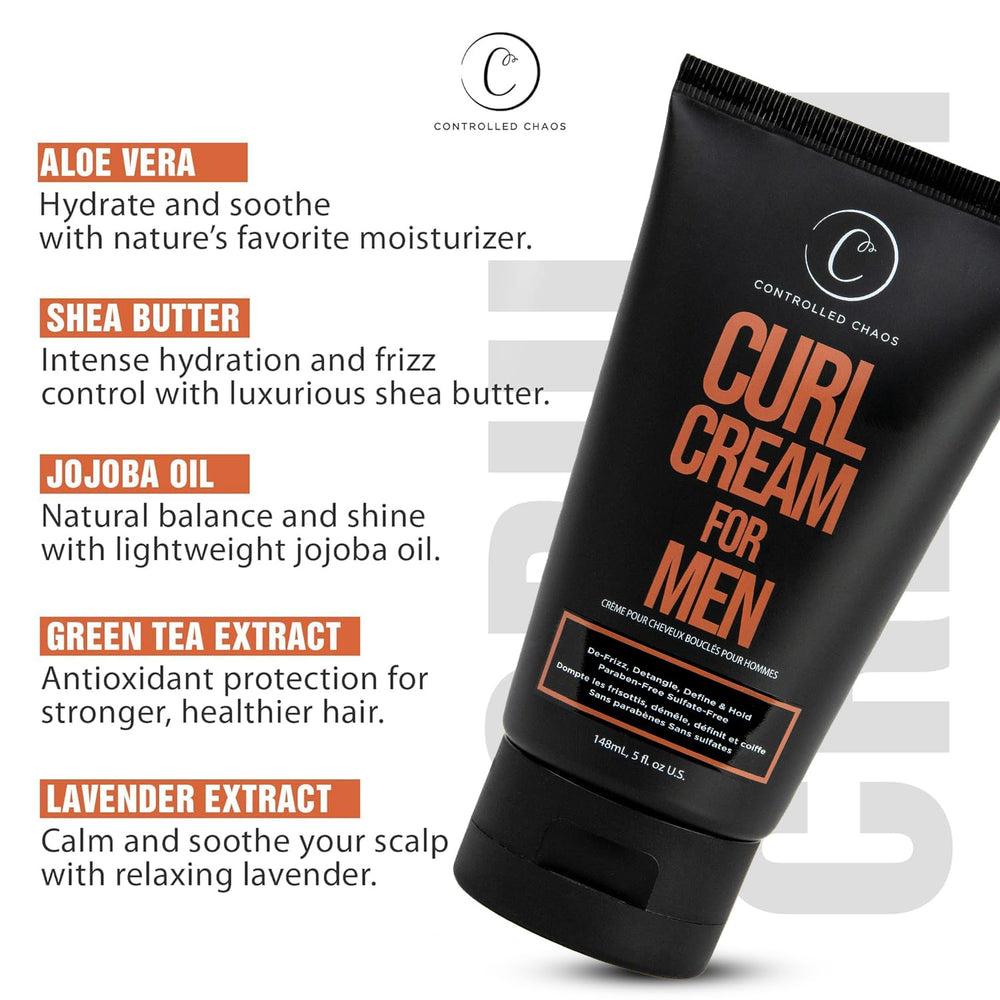 Controlled Chaos Curl Cream for Men-ingredients-shea-oil-coconut highlights nourishing formula for soft, manageable hair.