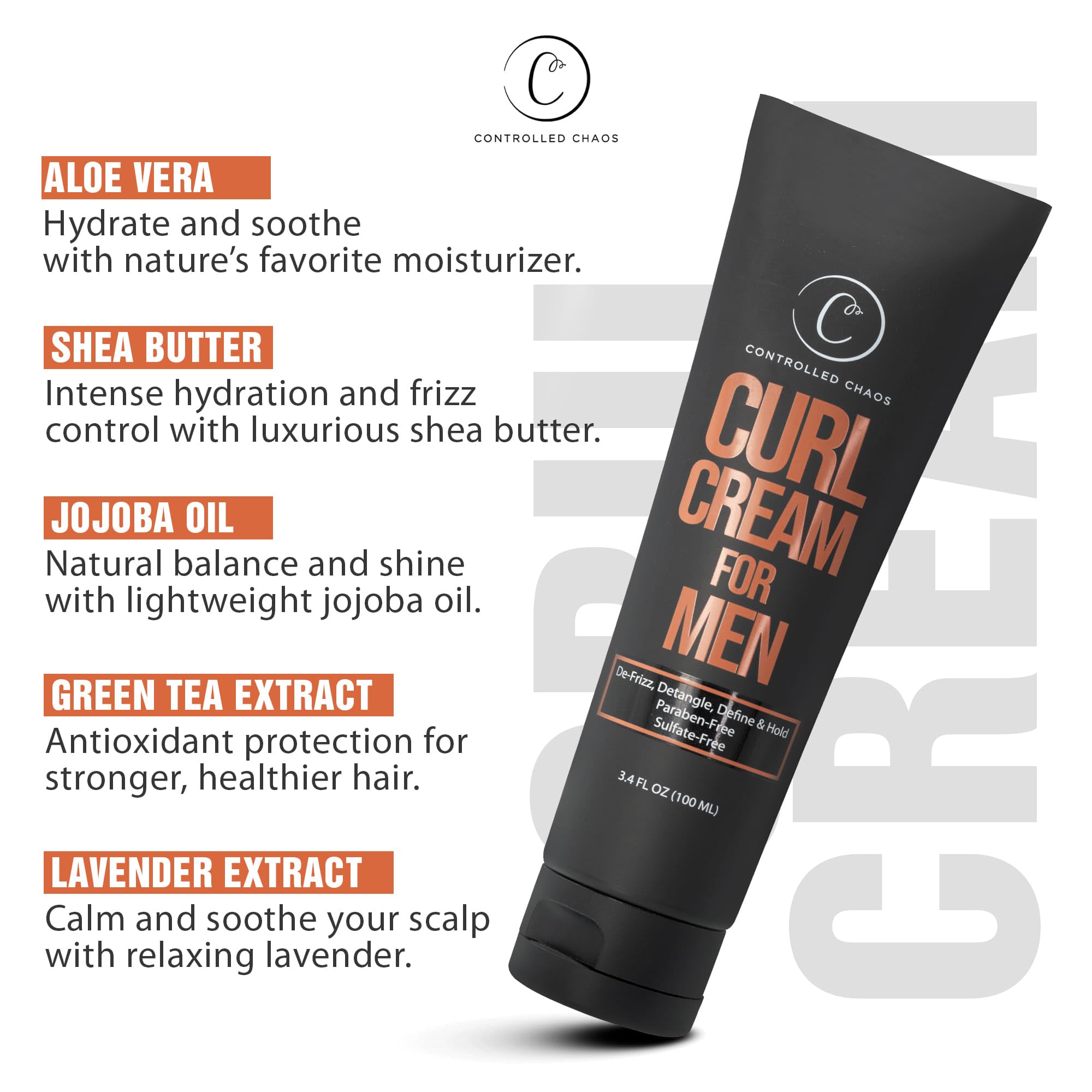 Controlled Chaos Curl Cream packaging emphasizes sulfate-free formula for on-the-go styling