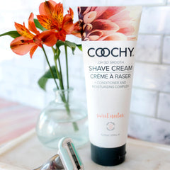 Coochy bikini-area shave foam ready to protect sensitive skin.