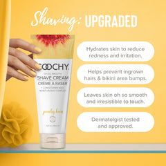 Coochy Peachy Keen cream pump demonstrates easy application for smooth, nick-free shaving.