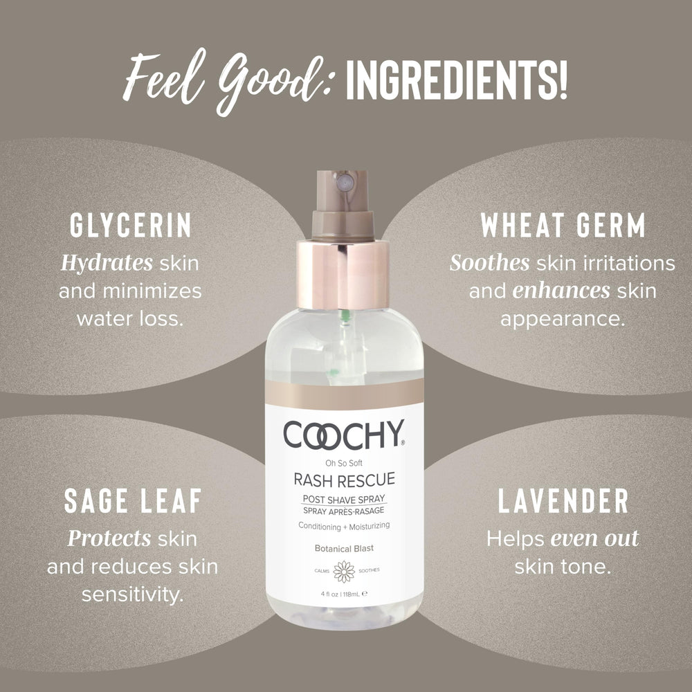 Coochy Rash Rescue mist close-up with fine diffusion for refreshing feel