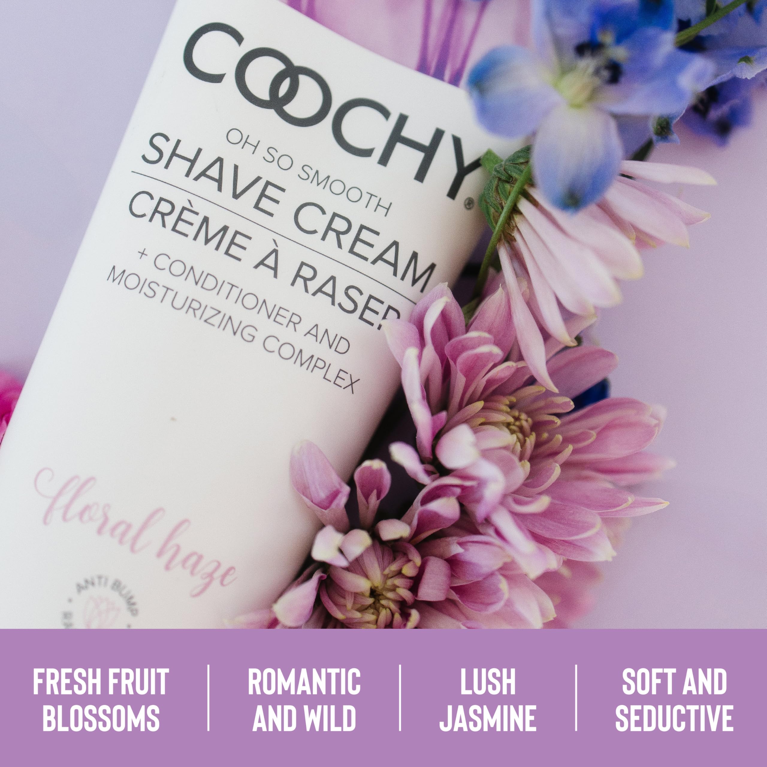 Coochy Shave Cream application swatch shows hydrating formula for sensitive skin