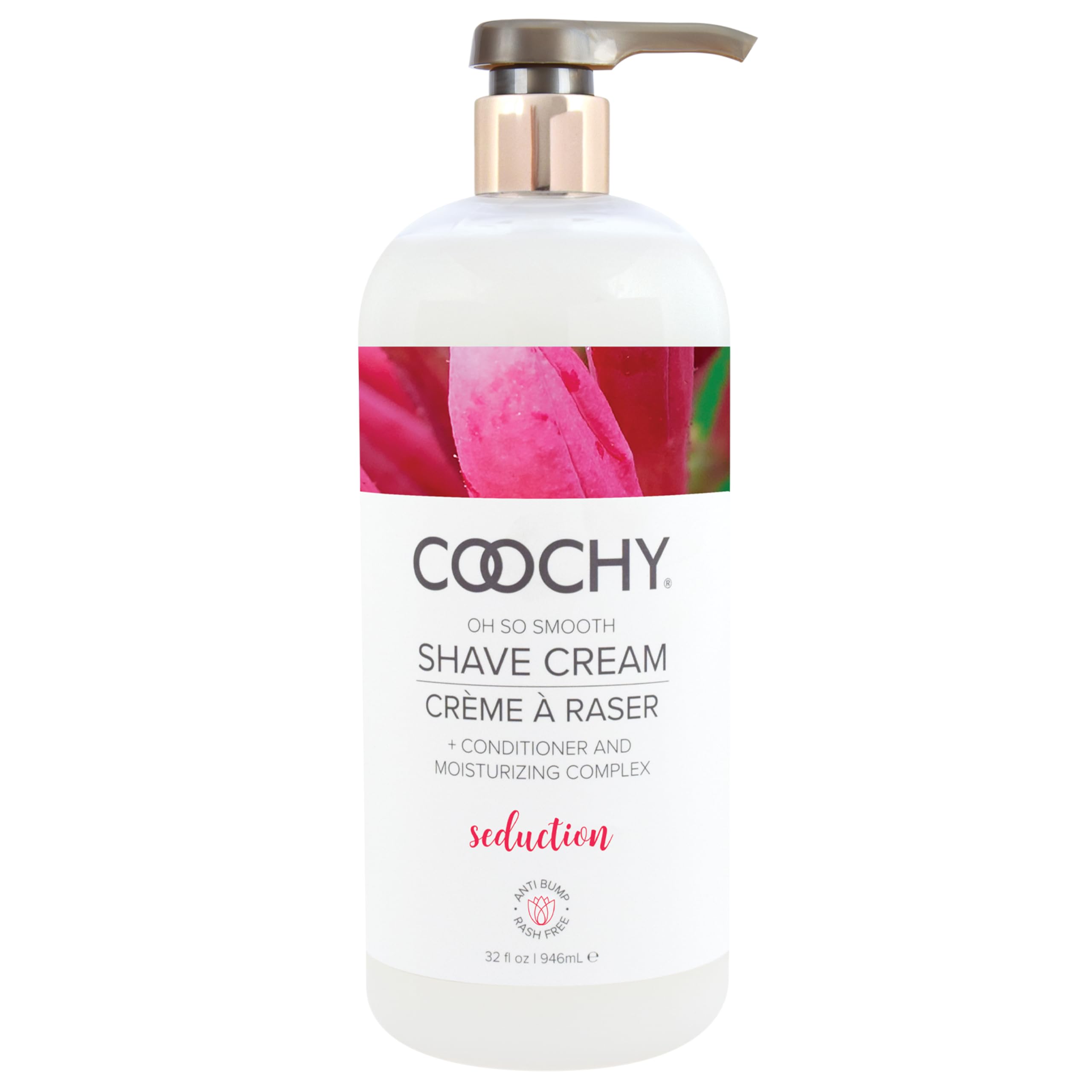 Coochy Shave Cream bottle front showing rash-free hydration for intimate areas.