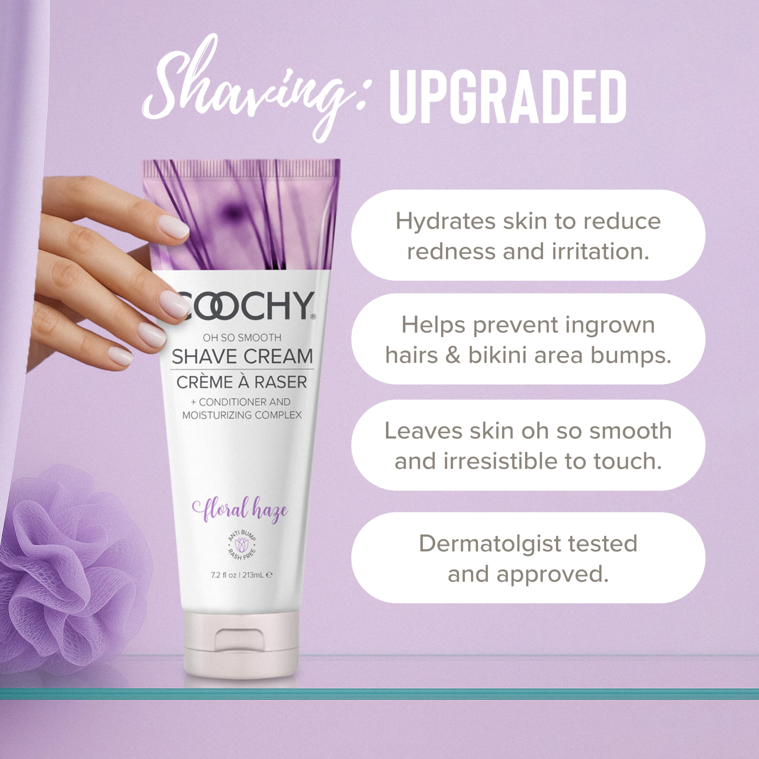 Coochy Shave Cream bottle top view shows easy dispensing for travel-ready grooming