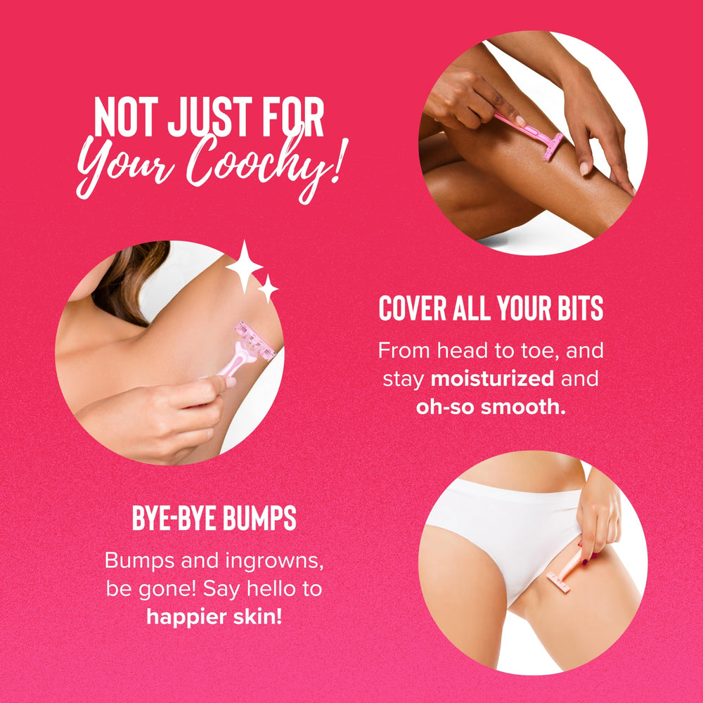 Coochy Shave Cream packaging close-up highlights dermatologist-tested formula.