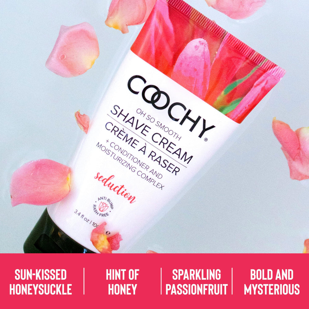 Coochy Shave Cream on legs softens hair for easier, nick-free shaving.