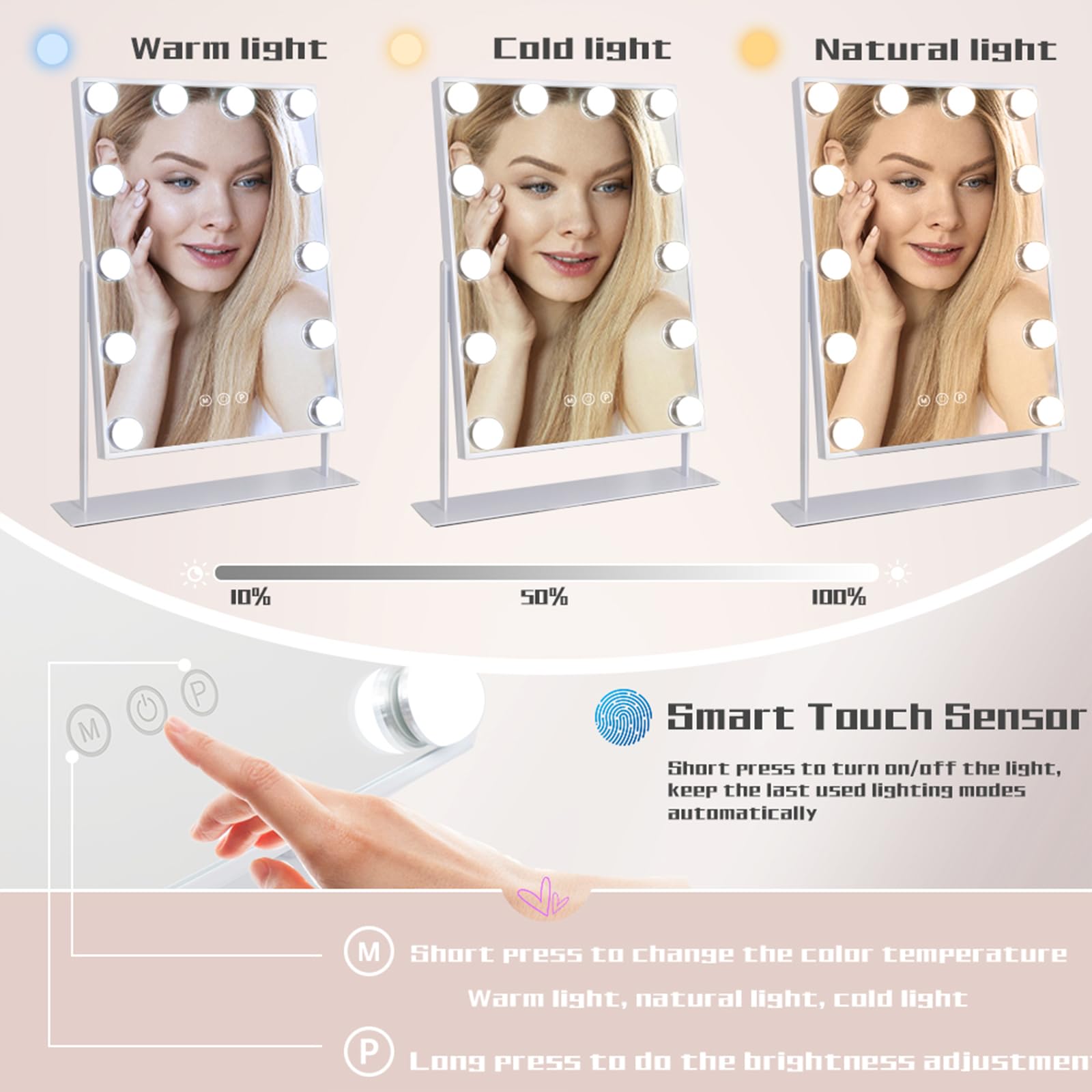 COOLJEEN makeup mirror displaying three color lighting modes for different tasks