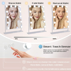 COOLJEEN makeup mirror displaying three color lighting modes for different tasks
