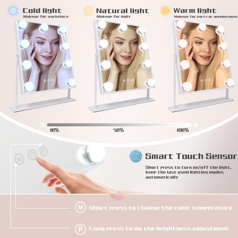 COOLJEEN vanity mirror showing 3-color lighting modes warm daylight cool.