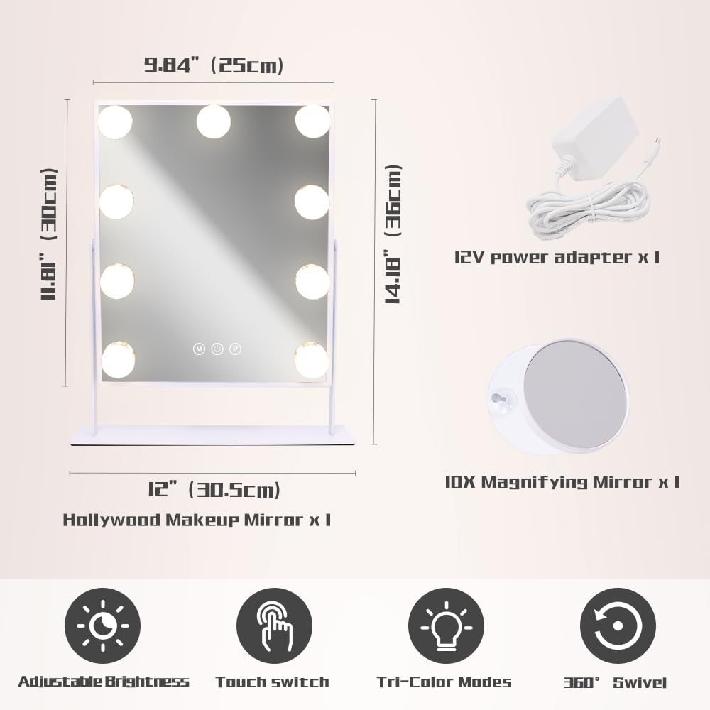 COOLJEEN vanity mirror with lights closeup of 9 dimmable LED bulbs.
