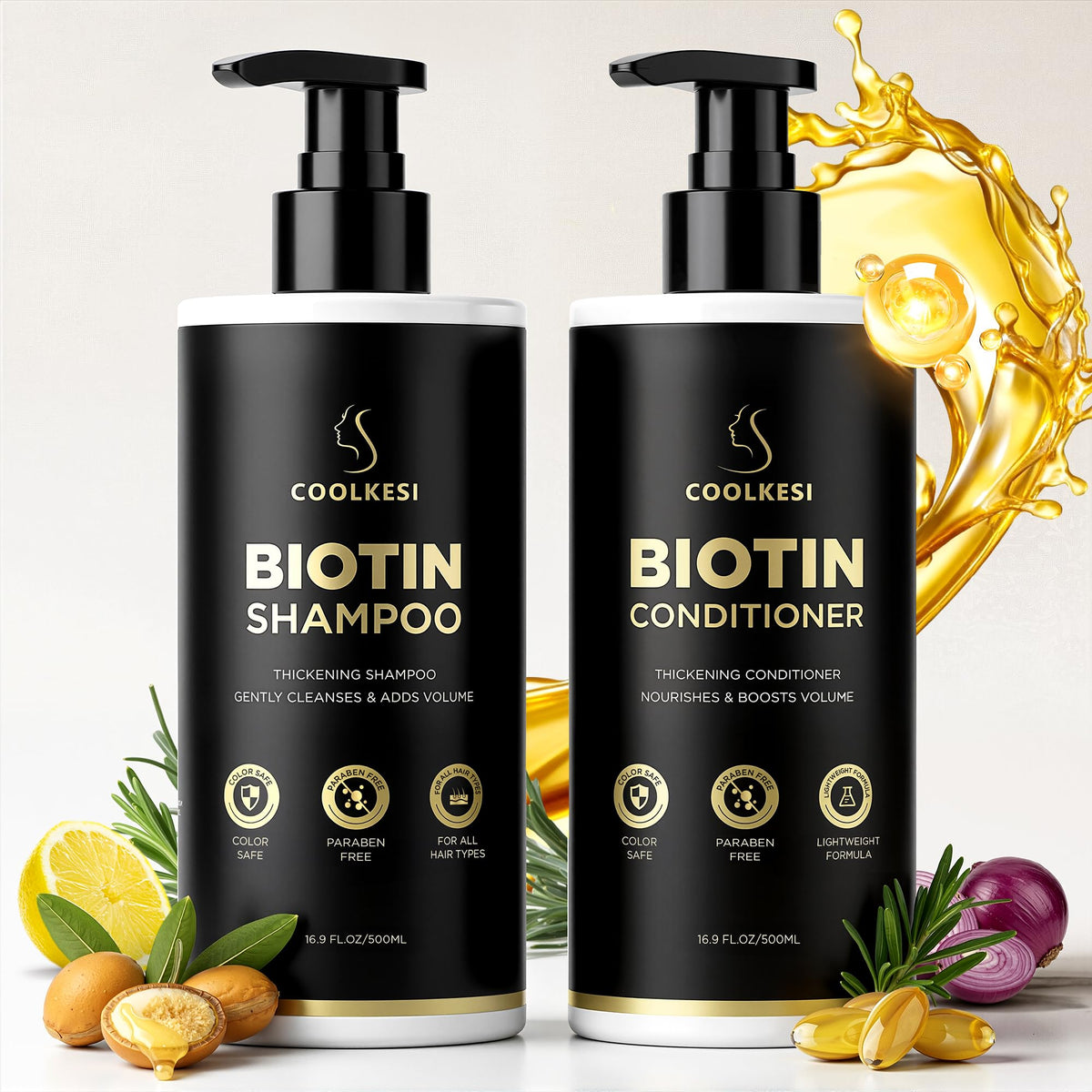 COOLKESI Tripeptide-Biotin Shampoo bottle demonstrates scalp support for fuller hair.