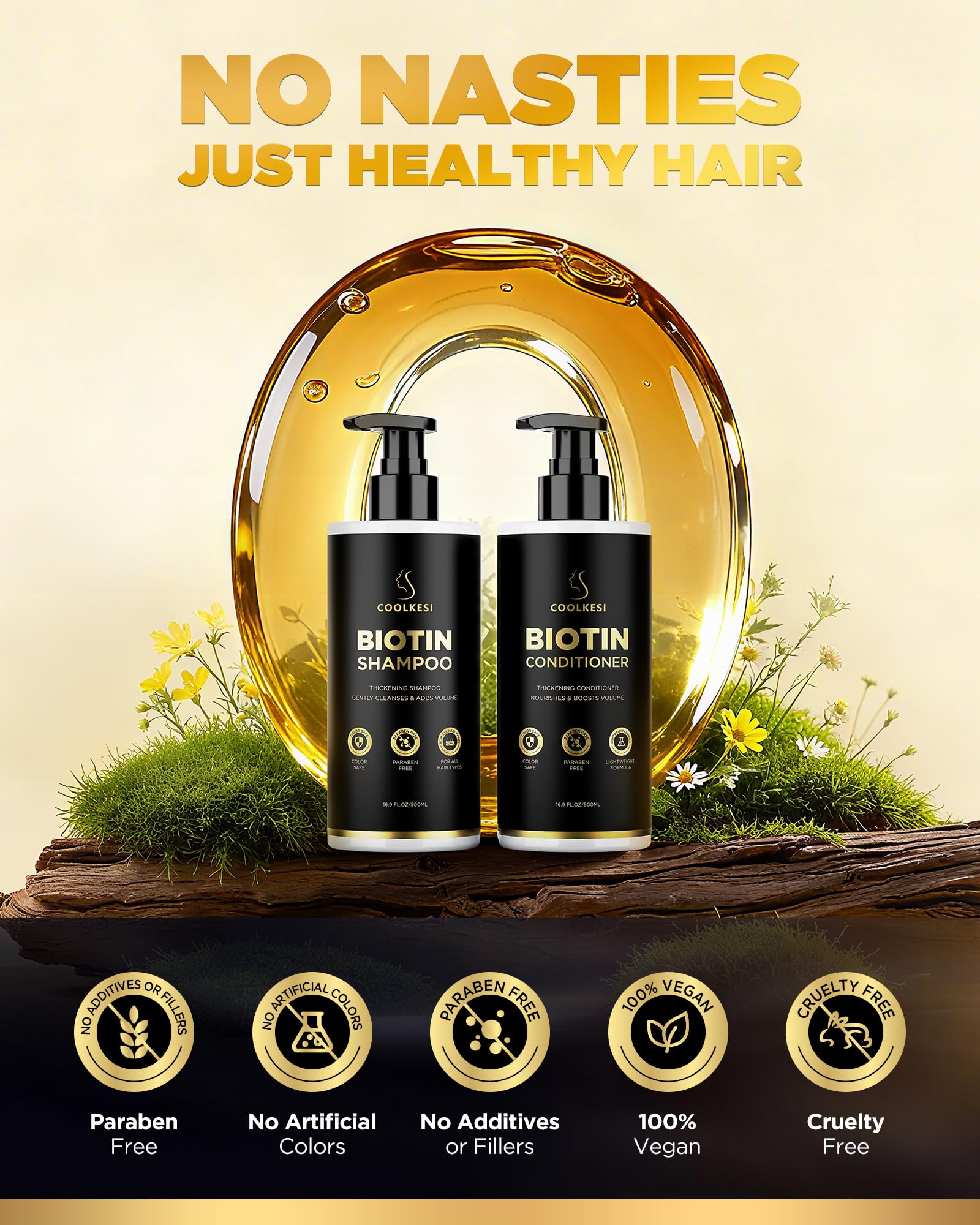 COOLKESI Two-in-One Hair Care Set illustrates easy wash and nourish routine.