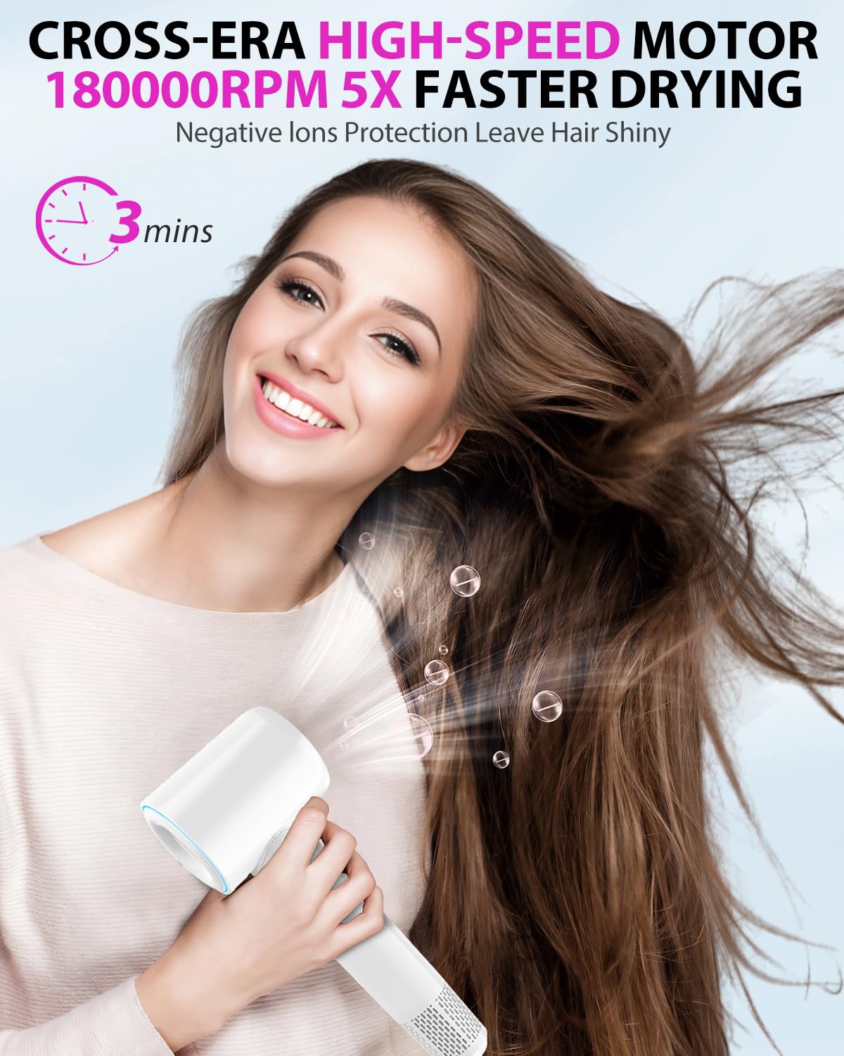 Coolpub ionic hair dryer ion release highlights frizz-free shine and smoother styling.