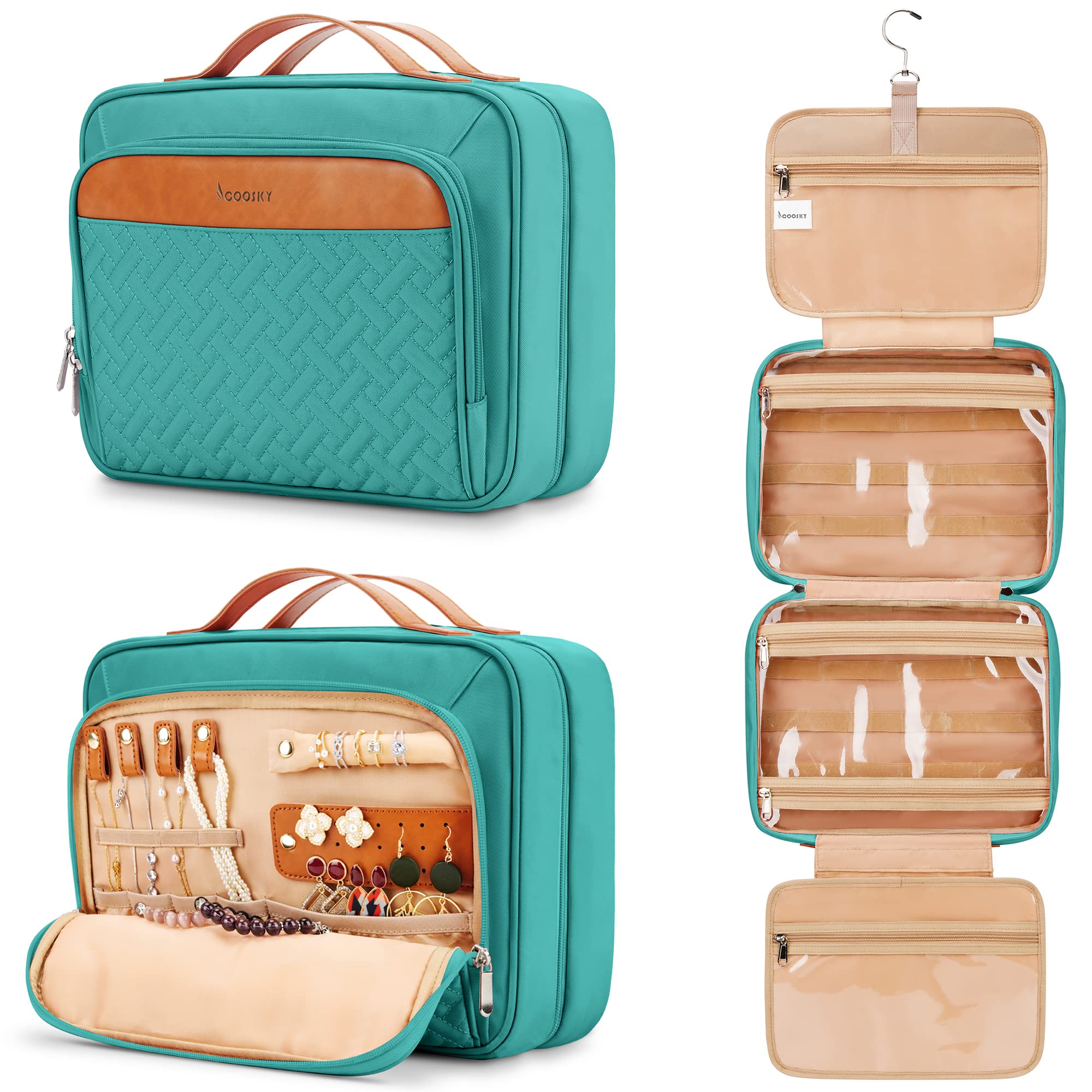 COOSKY travel hanging toiletry bag closed, organized packing on the go.