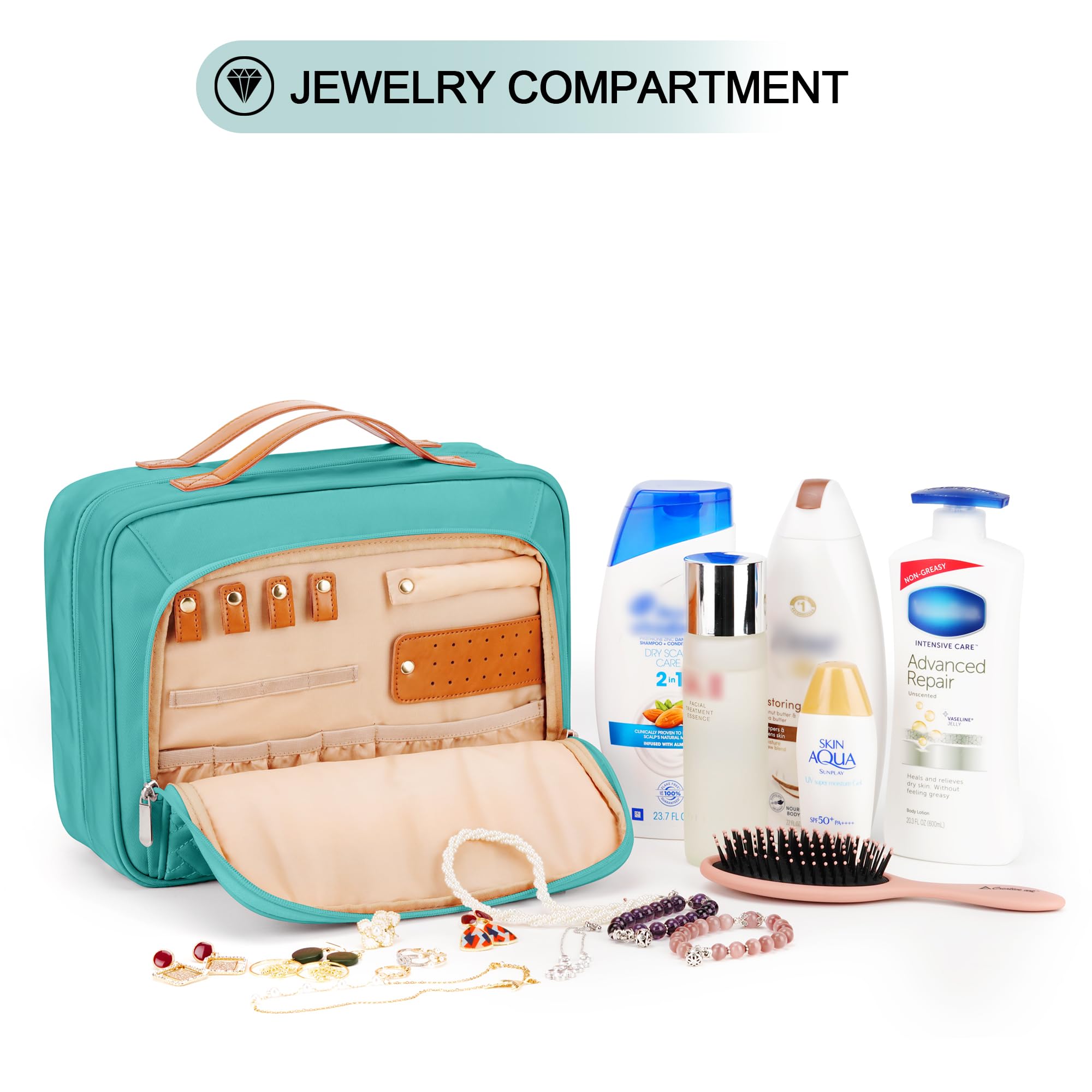 COOSKY travel hanging toiletry bag detachable bottom pocket doubles as a separate bag.