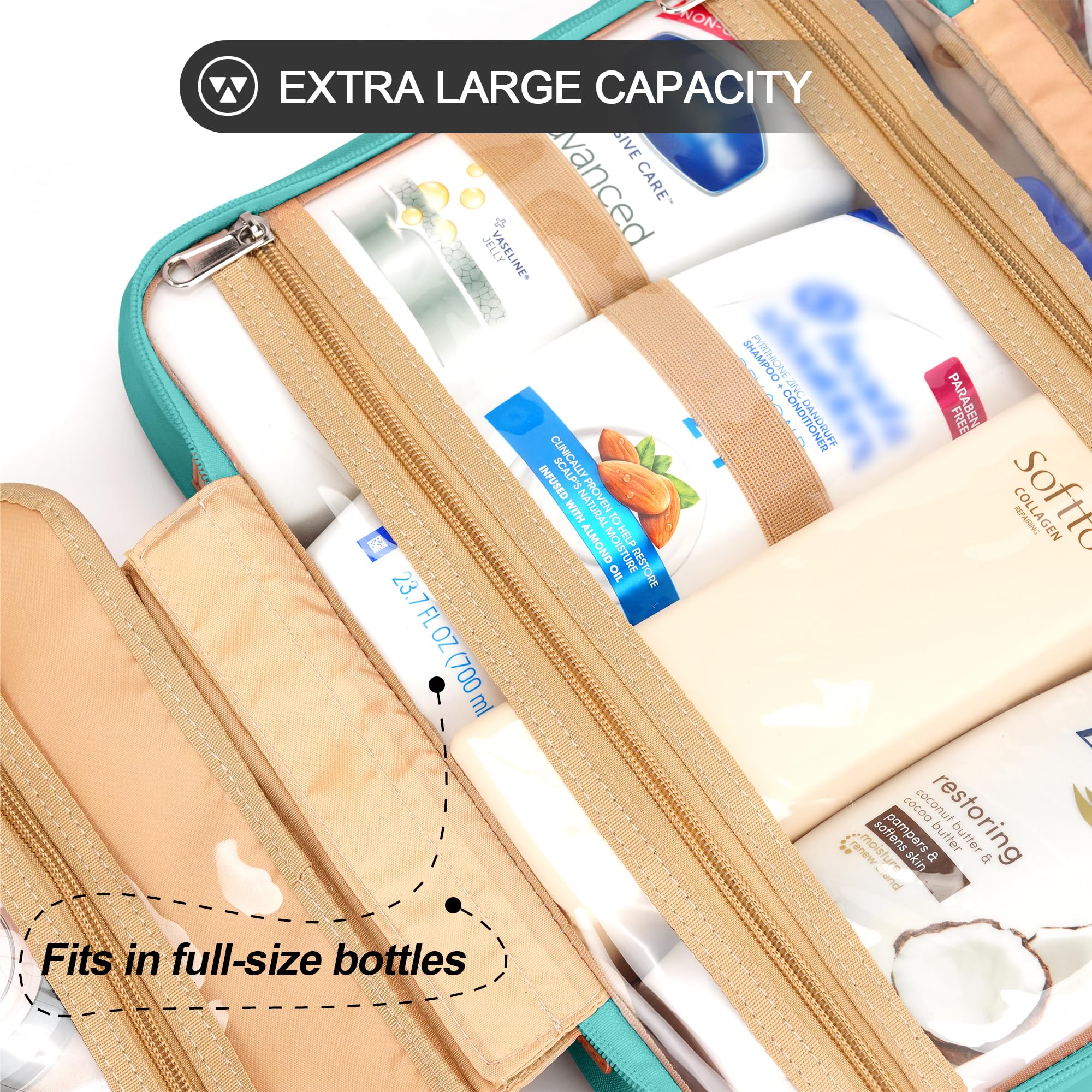 COOSKY travel hanging toiletry bag elastic bottle bands keep items upright.