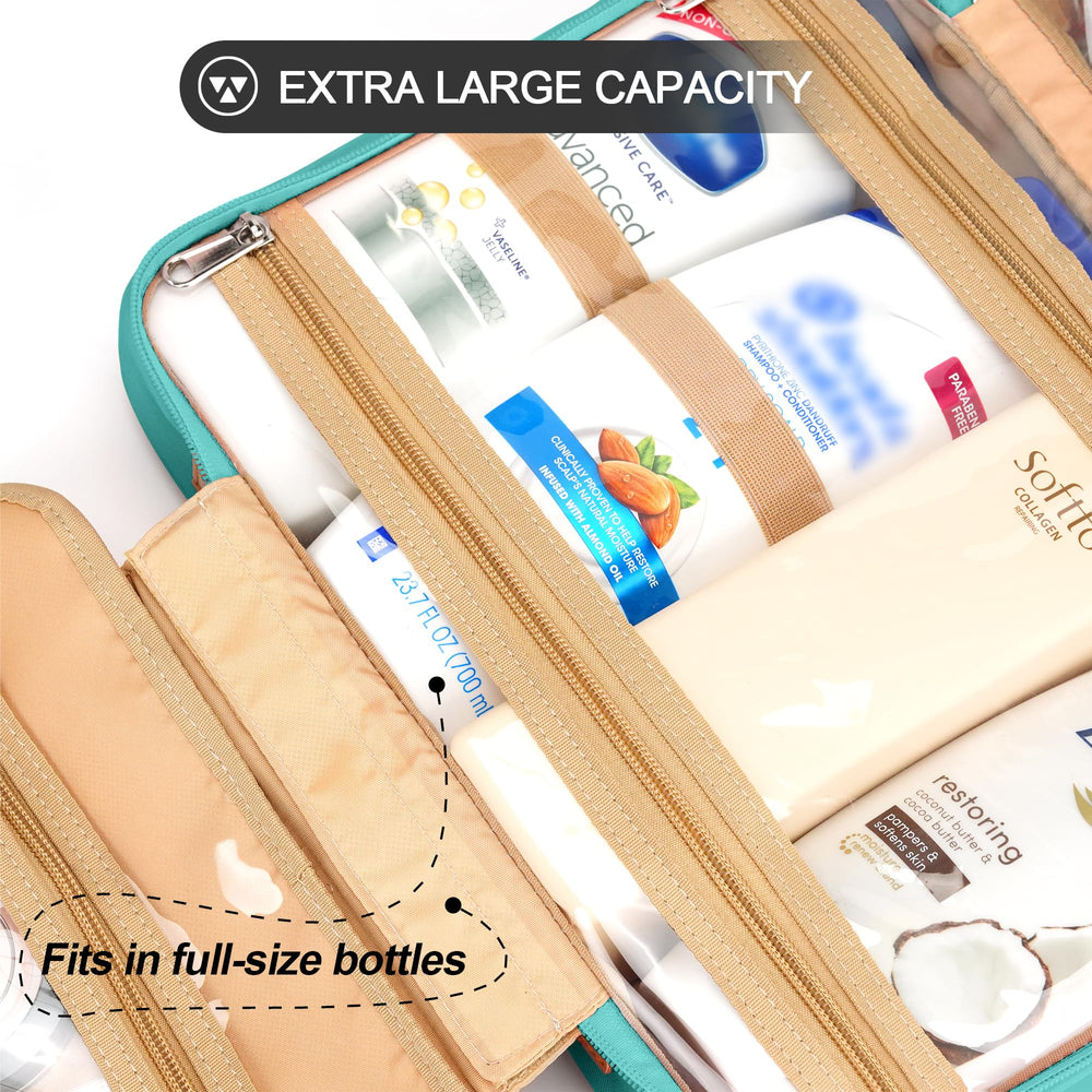COOSKY travel hanging toiletry bag elastic bottle bands keep items upright.