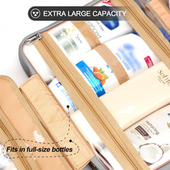 COOSKY travel hanging toiletry bag interior view shows elastic bottle holders and transparent pockets.