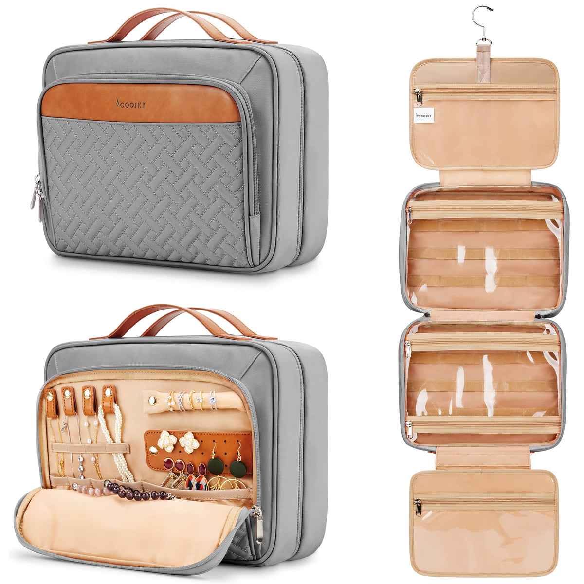COOSKY travel hanging toiletry bag front view keeps makeup organized for easy access.