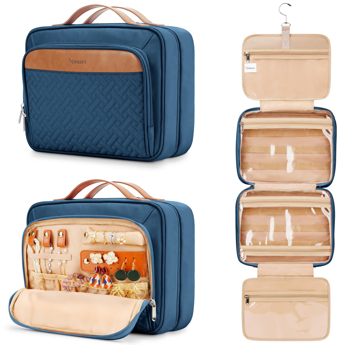COOSKY travel hanging toiletry bag navy—compact, portable storage for weekend getaways.