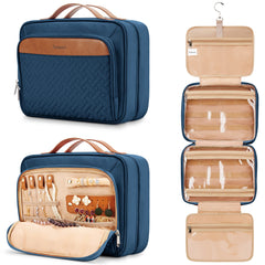 COOSKY travel hanging toiletry bag navy with secure hook for easy hotel room organization.