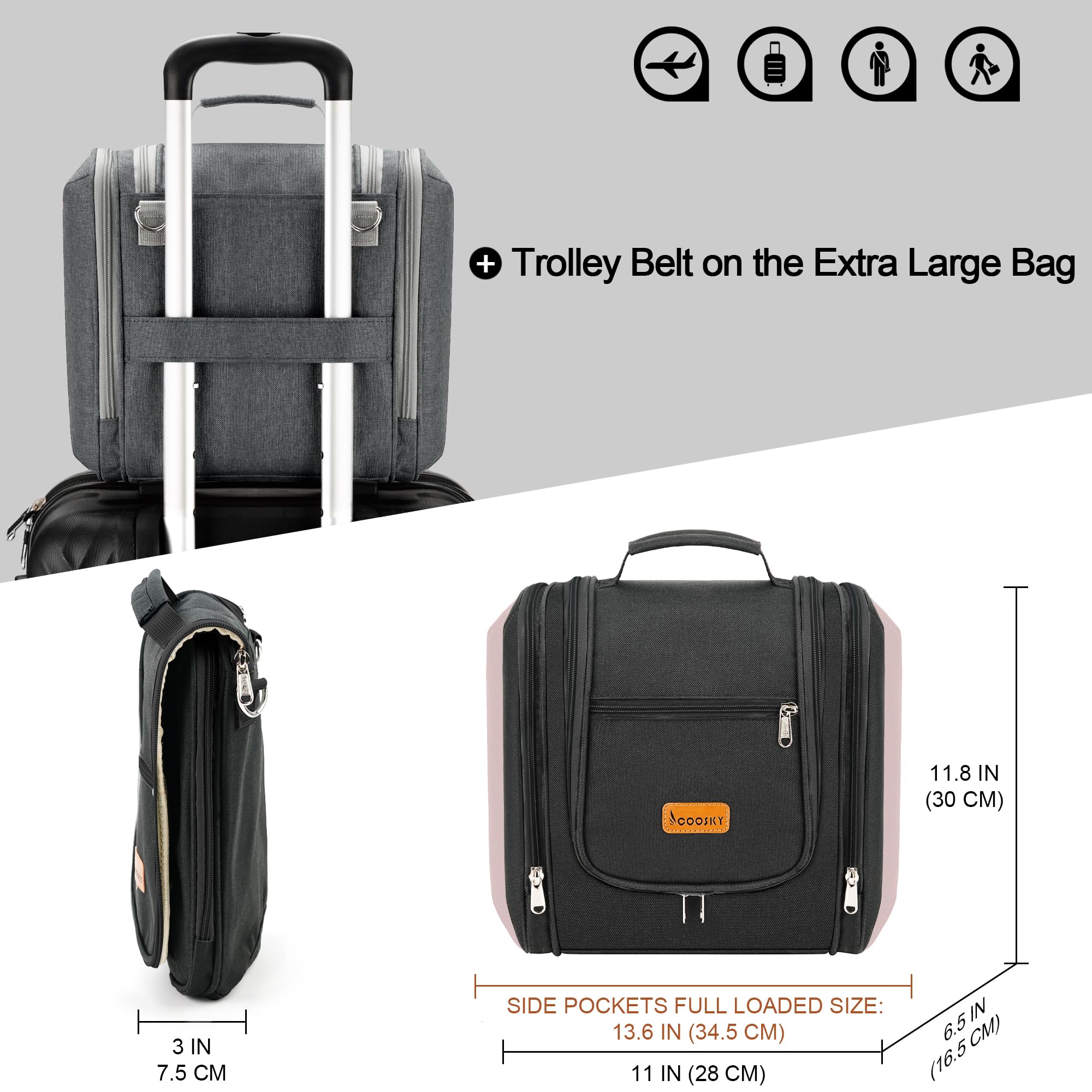 COOSKY travel hanging toiletry bag open view shows six compartments for full-size bottles.