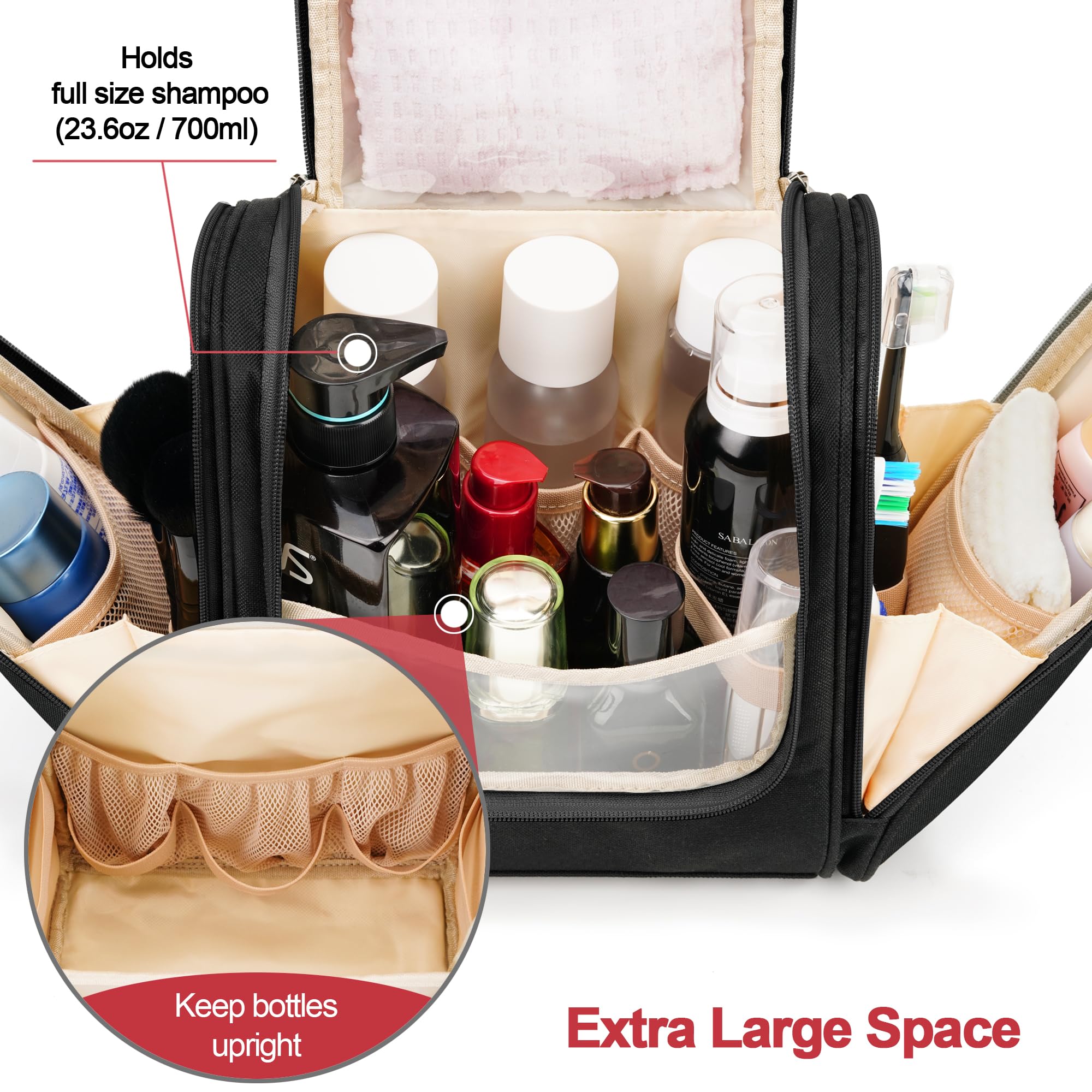 COOSKY travel hanging toiletry bag side compartments hold items upright for quick access.