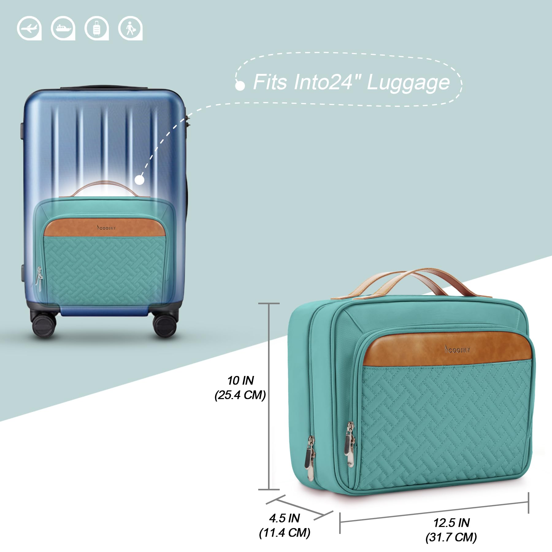 COOSKY travel hanging toiletry bag trolley-strap attaches to luggage for hands-free travel.
