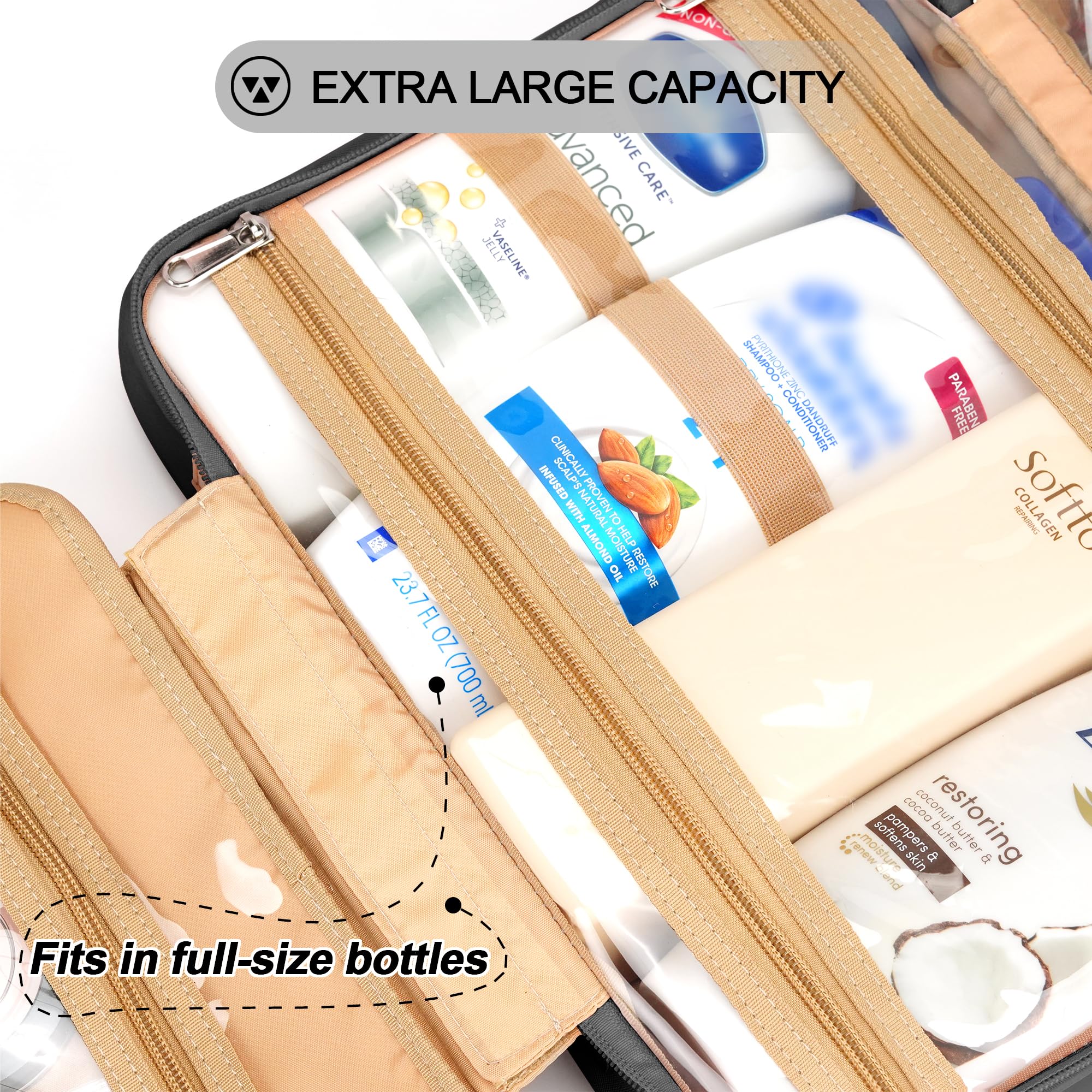 COOSKY Travel Hanging Toiletry Bag two main compartments hold up to eight full-size items.