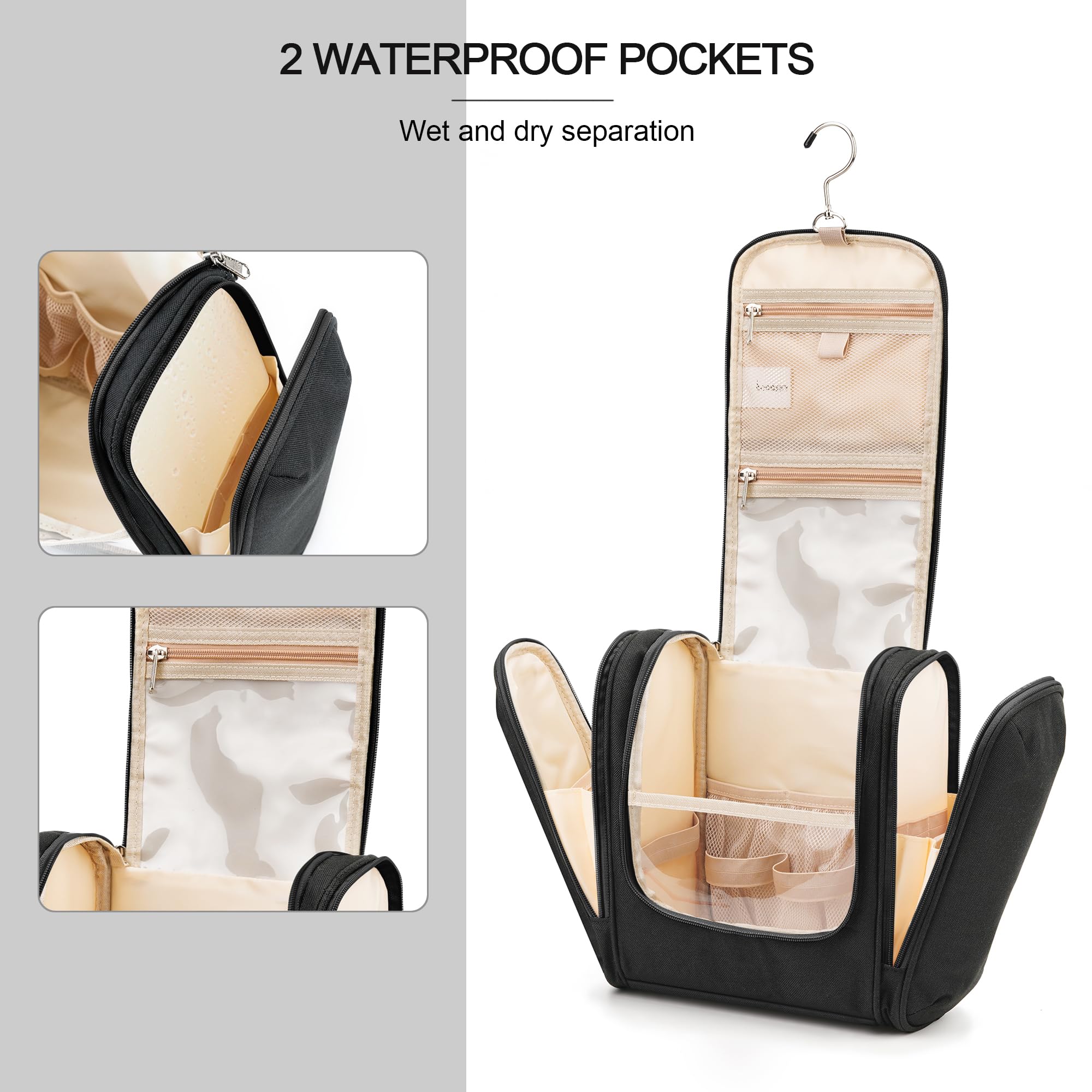 COOSKY travel hanging toiletry bag wet-dry compartments separate damp items.