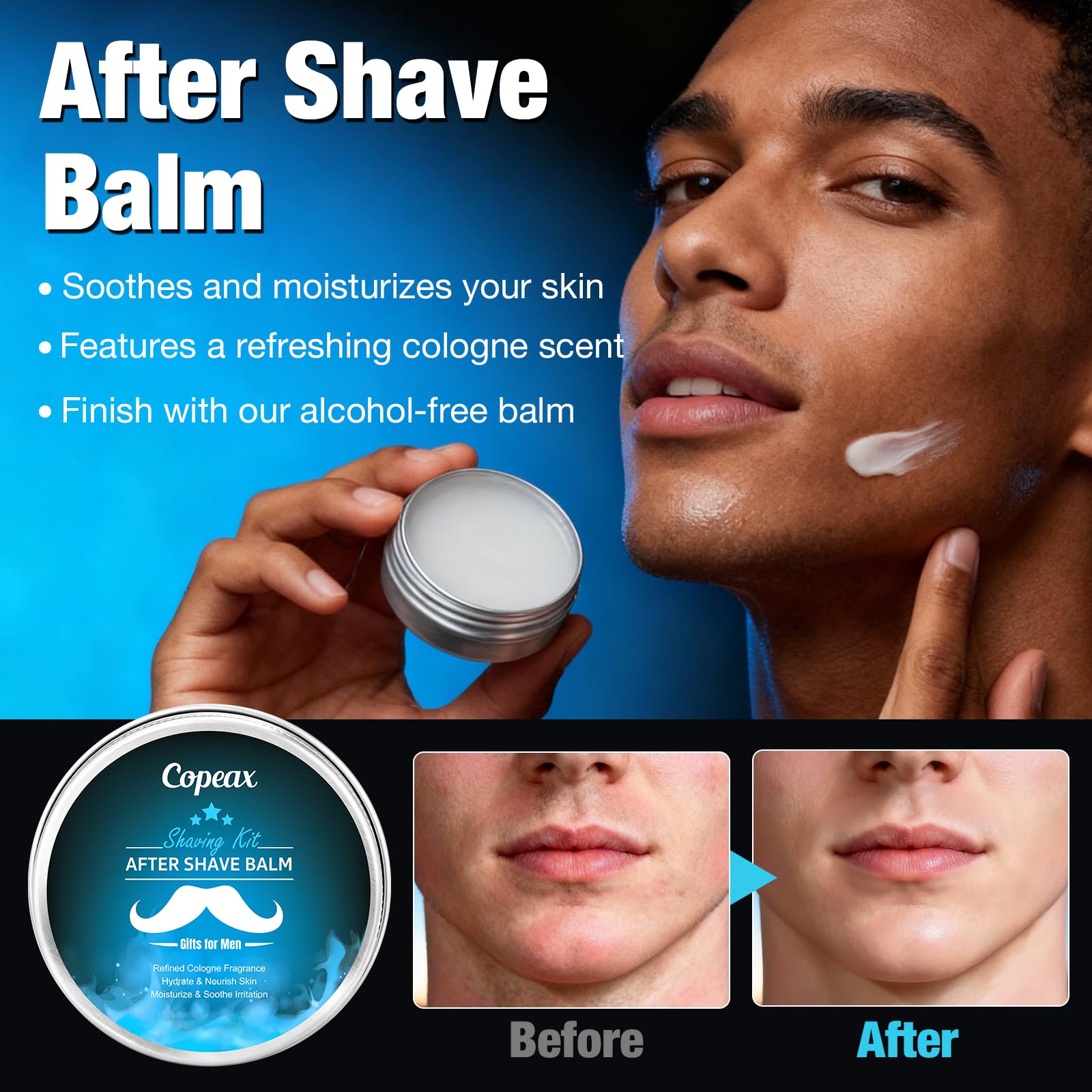 Copeax alcohol-free balm soothes post-shave irritation