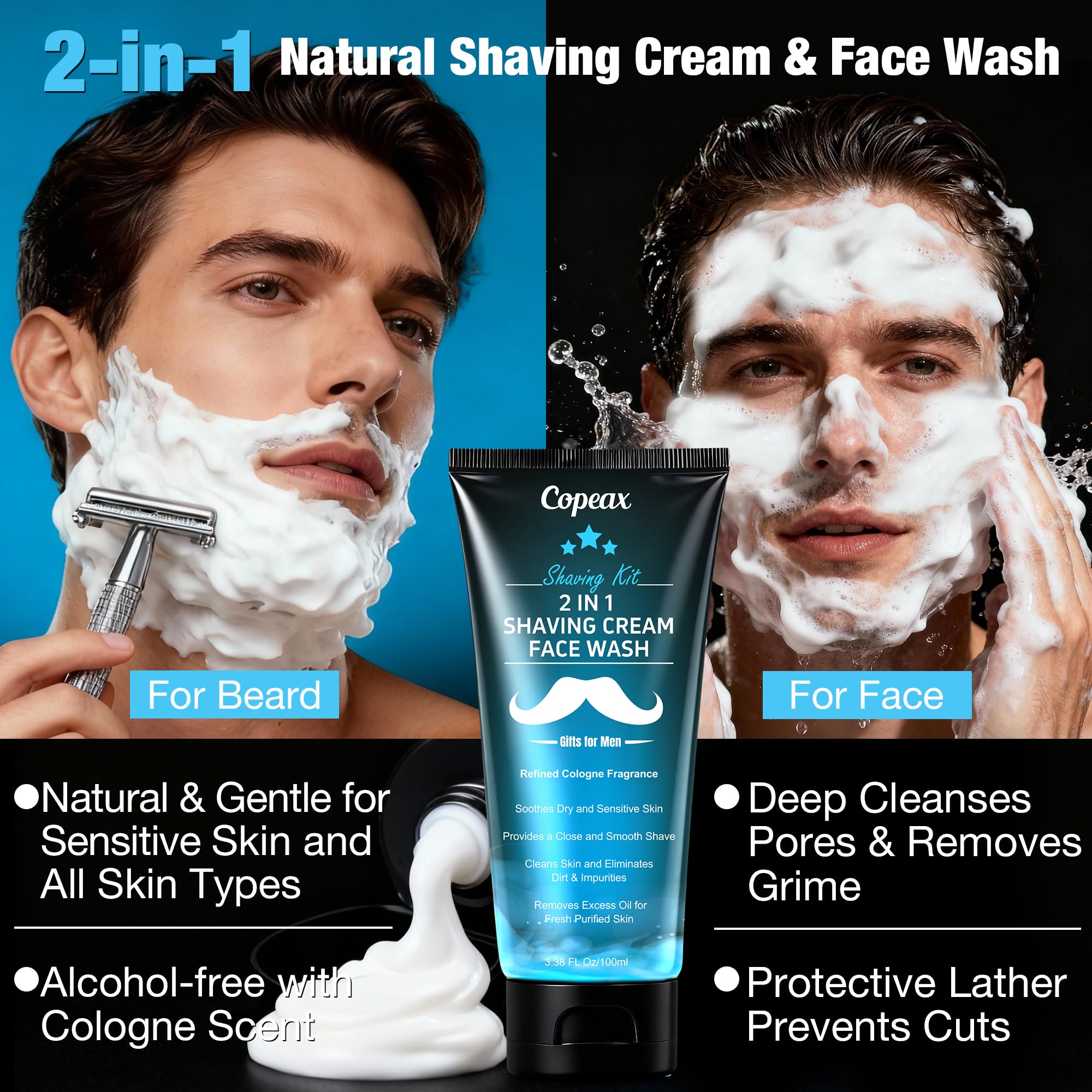 Copeax natural 2-in-1 shaving cream forms protective lather
