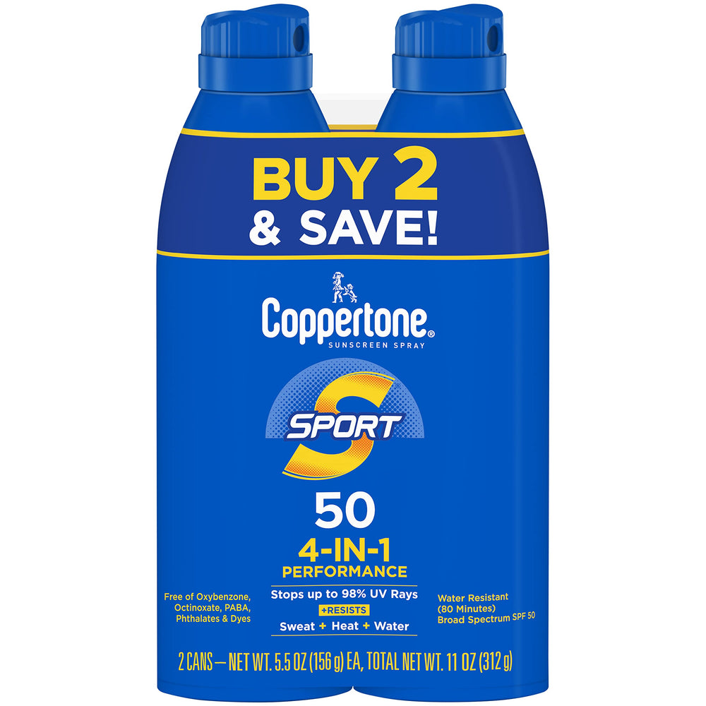 Coppertone Sport Sunscreen Spray applying at an angle for even coverage during outdoor activity