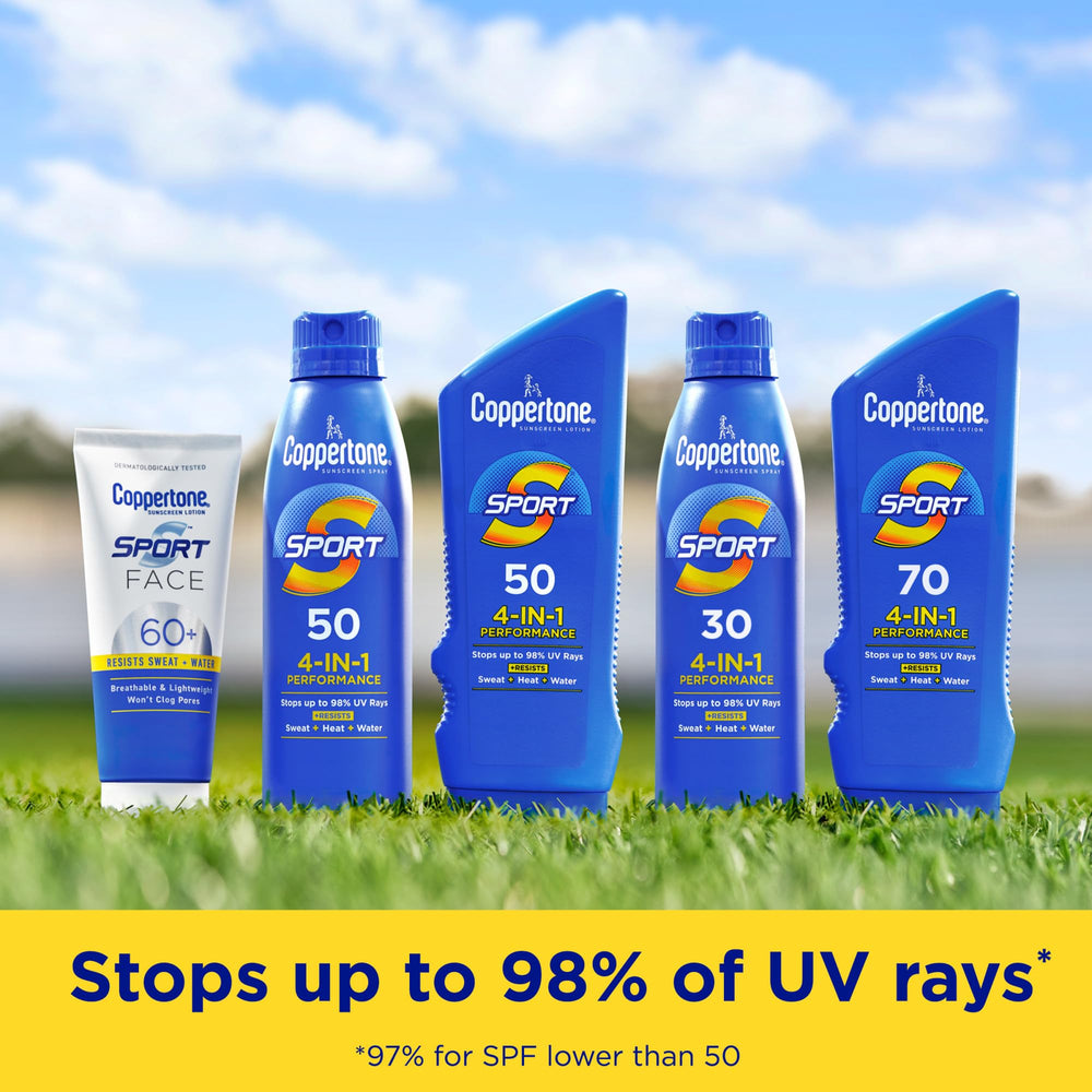 Coppertone Sport Sunscreen Spray is free of dyes for a clean feel