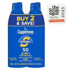 Coppertone Sport Sunscreen Spray demonstrates wide-angle spray for quick, full-body protection