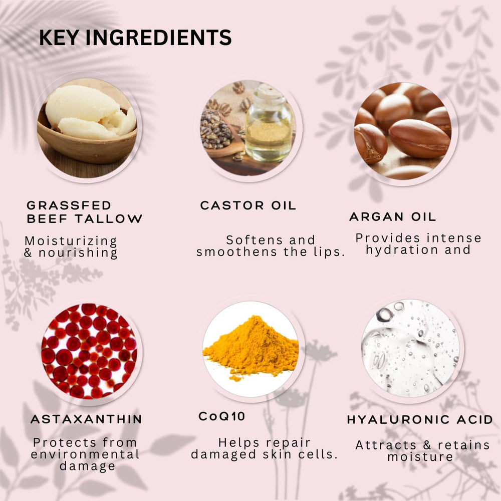 CoQ10 and astaxanthin enriched balm close-up with ingredient benefits highlighted.